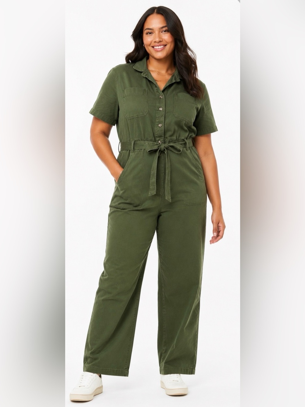 AVA & VIV Utility Jumpsuit Army Green Belted Cotton Short Sleeve Plus Size 2X